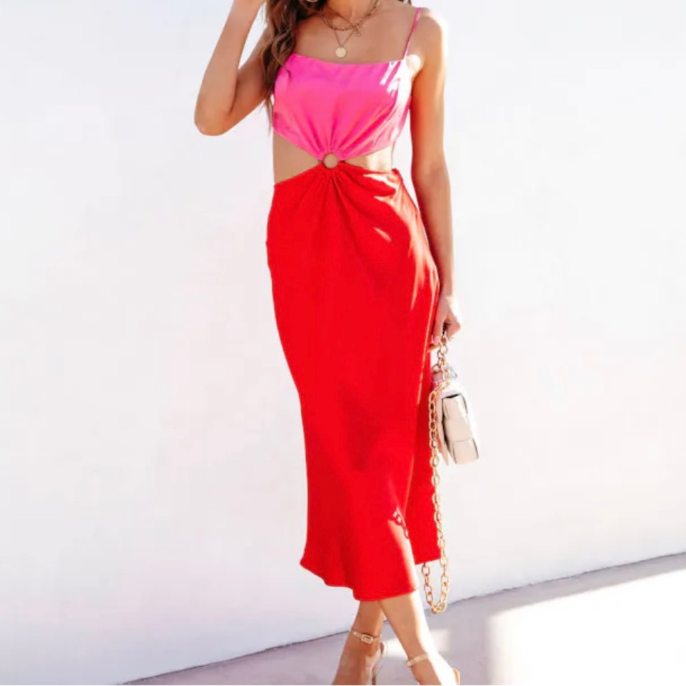 Vivica Satin Cutout Midi Dress - Pink/Red